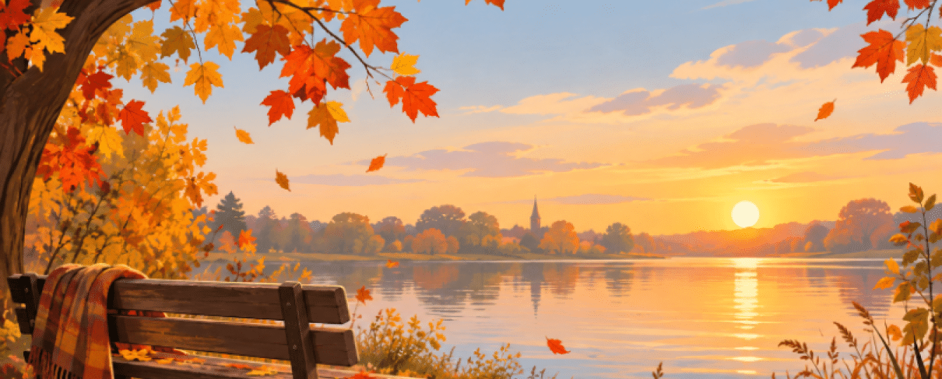 Een bankje aan een vijver in herfsttijd.
