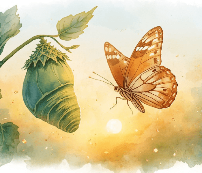 Een vlinder vliegt naast een cocon