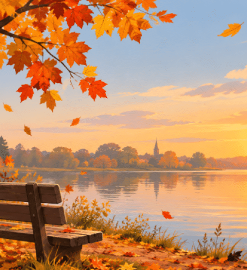 Een bankje aan een vijver in herfsttijd.